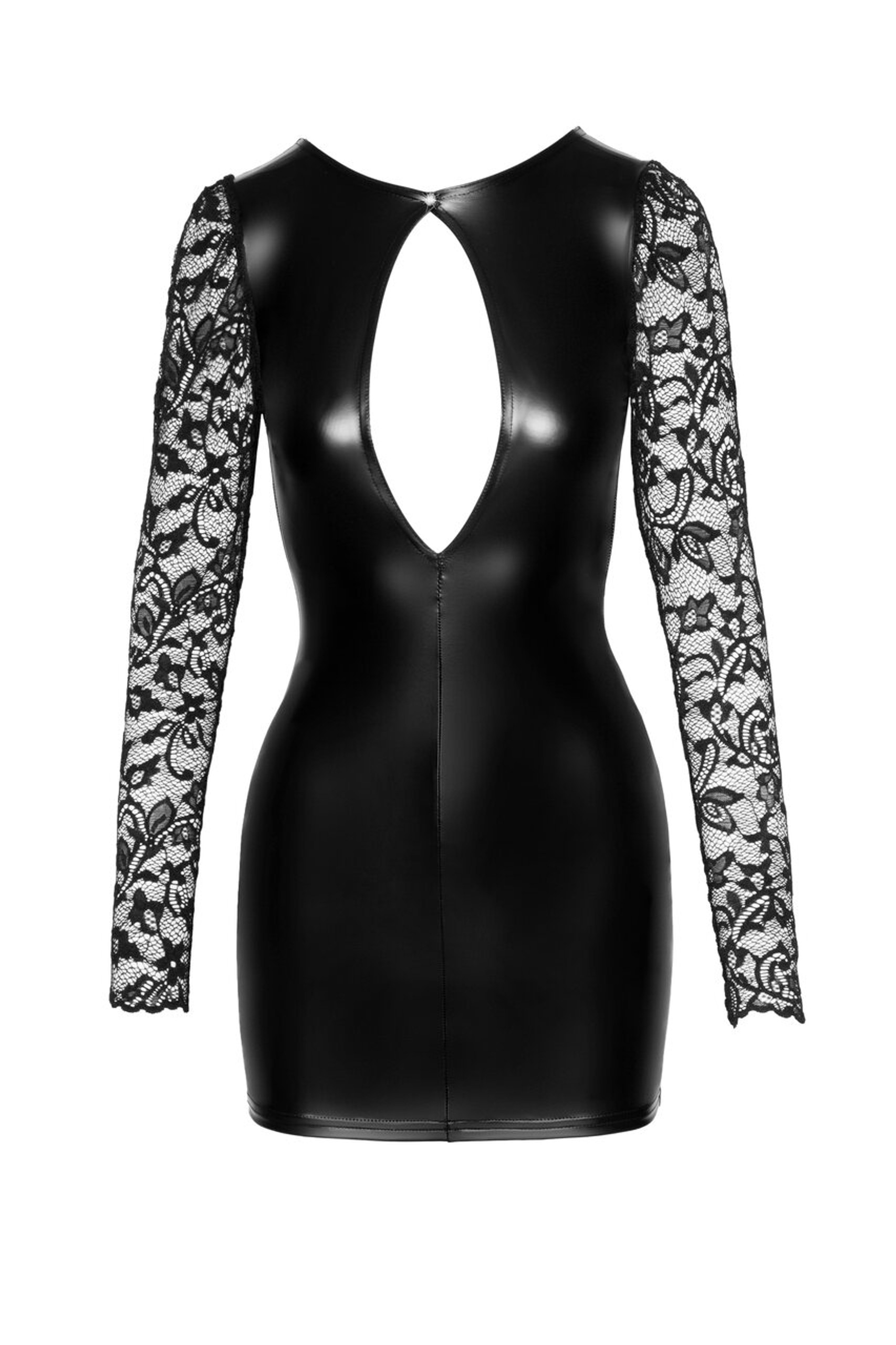 Noir Handmade F253 Kurzes Powerwetlook Kleid mit Spitzenärmeln