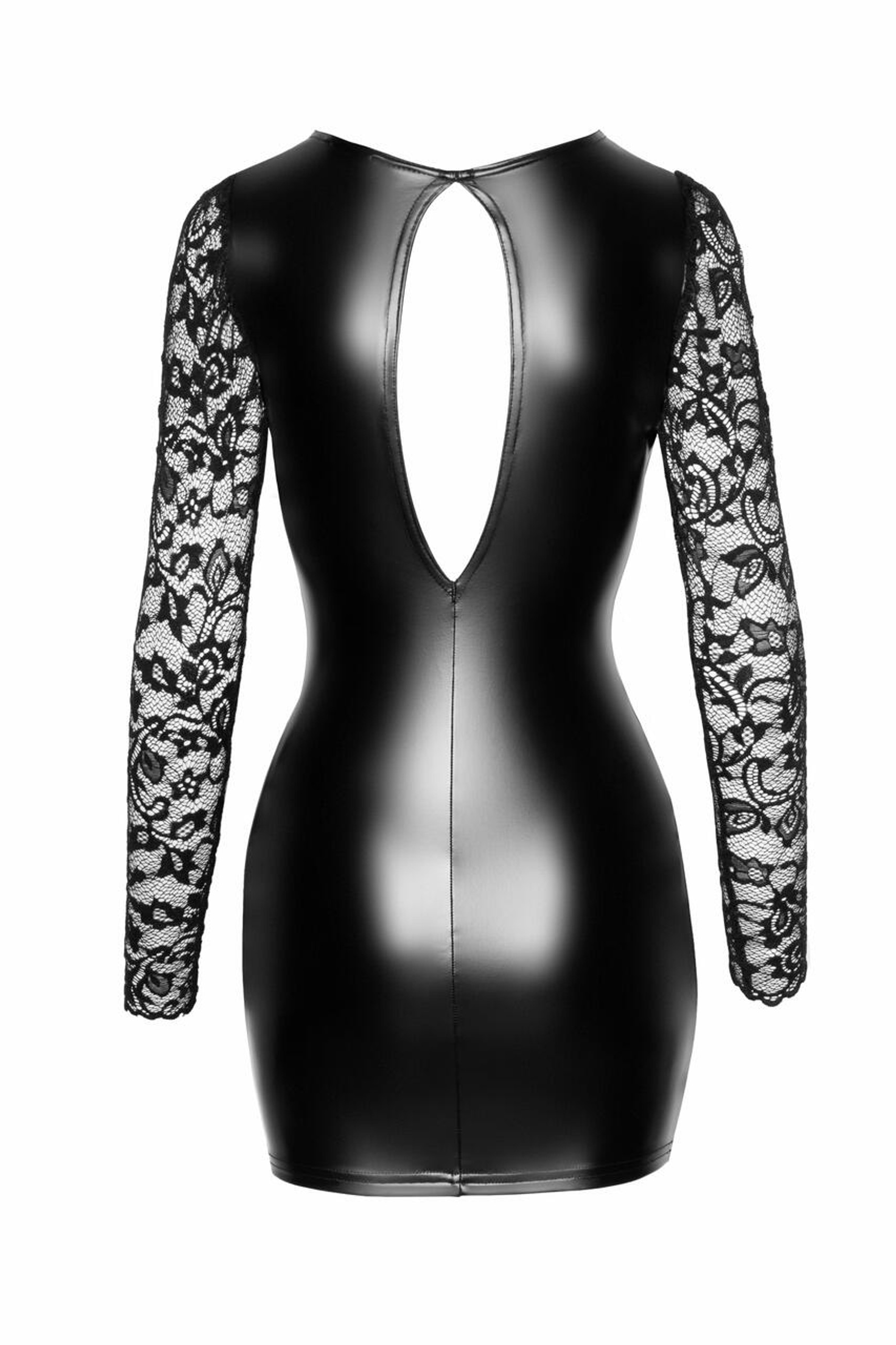 Noir Handmade F253 Kurzes Powerwetlook Kleid mit Spitzenärmeln